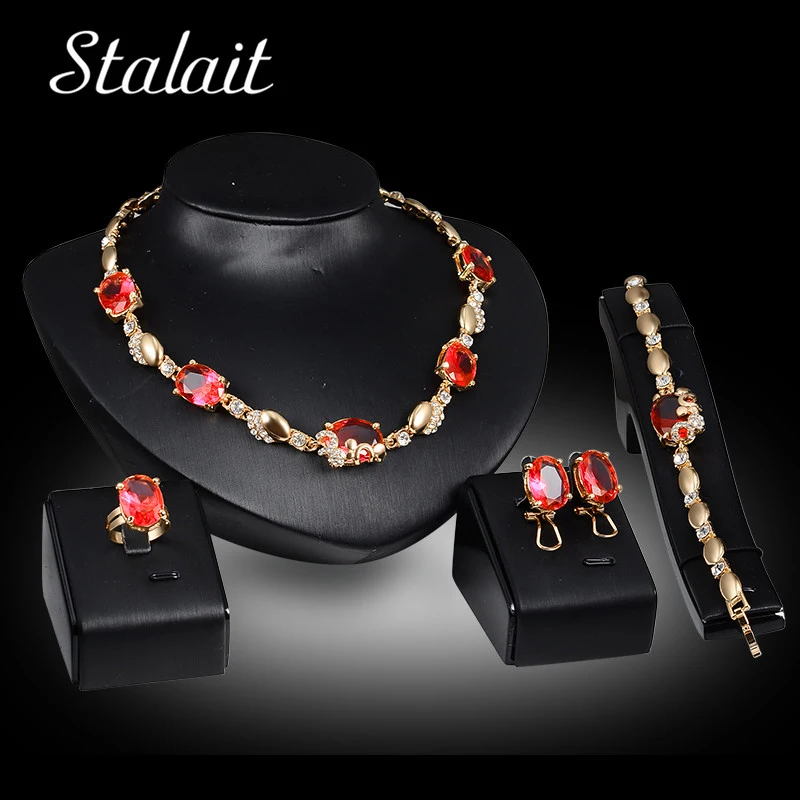 

Romantic Pink Crystal Oval Jewelry Sets Luxury Cubic Zirconia Gold Color Jewelry Sets For Wedding Party