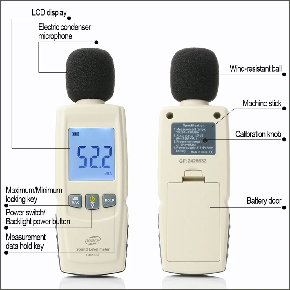 Измеритель уровня звука BENETECH GM1352 цифровой децибел измеритель шума 30 130