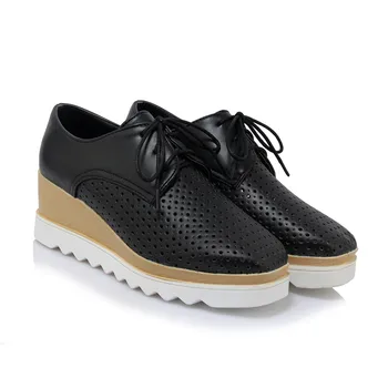 

B2-7 Size 33-43 Female Aquare Toes PU Leather Pumps Women Hollow Lace-up Shoes Teenager Comfort School Shoe Woman Wedges Shoe