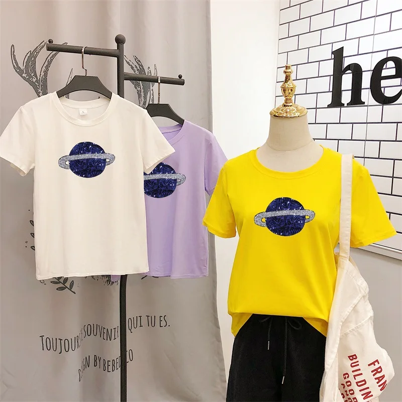 

S-3XL Universe Printed Spandex Soft feeling T Shirt Women Shirts O Neck Short Sleeve Summer T-Shirt Tops Casual Pink TShirt