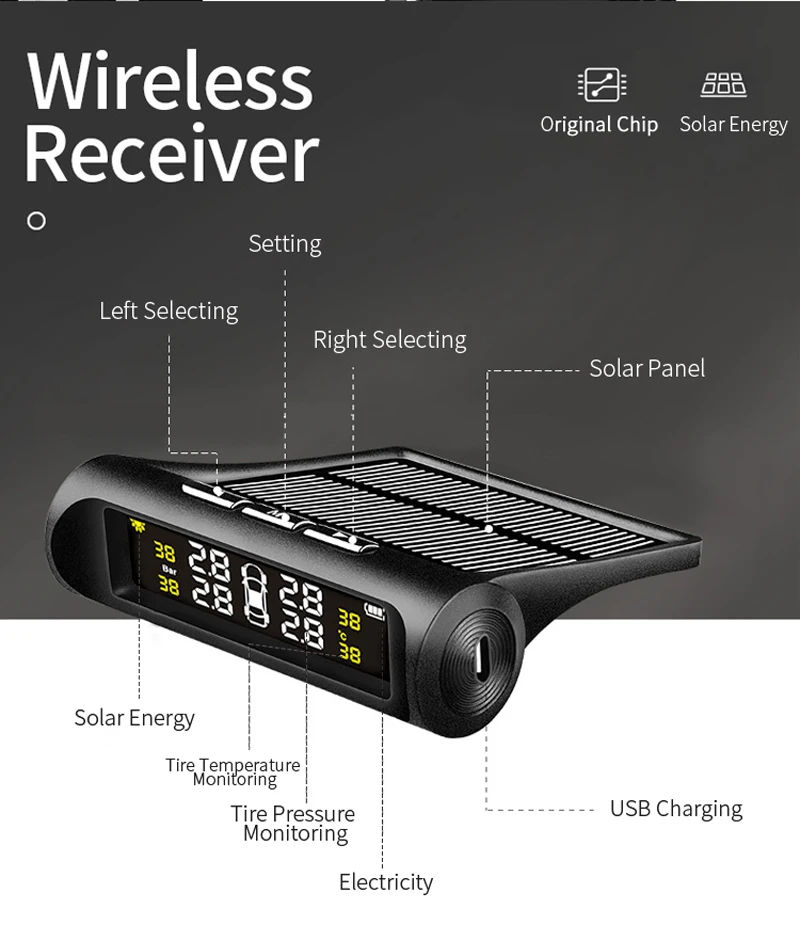 YASOKRO Солнечная TPMS автомобильная система контроля давления в шинах Солнечная зарядка ЖК-дисплей 4 внешних датчика датчик температуры