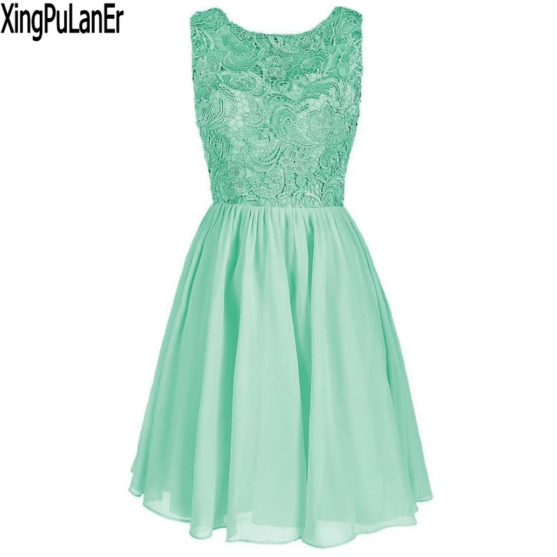 

A Line Scoop Neck Sleeveless Lace Chiffon Bottom Black Red Mint Green Lace Short Bridesmaids Dresses Wedding Party Dresses
