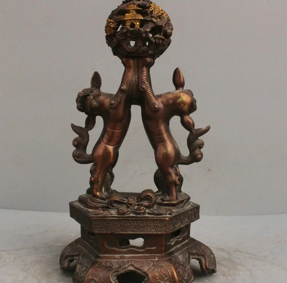 

16" China Folk Door Guardian Pixiu Holding The Ball Bronze Statue