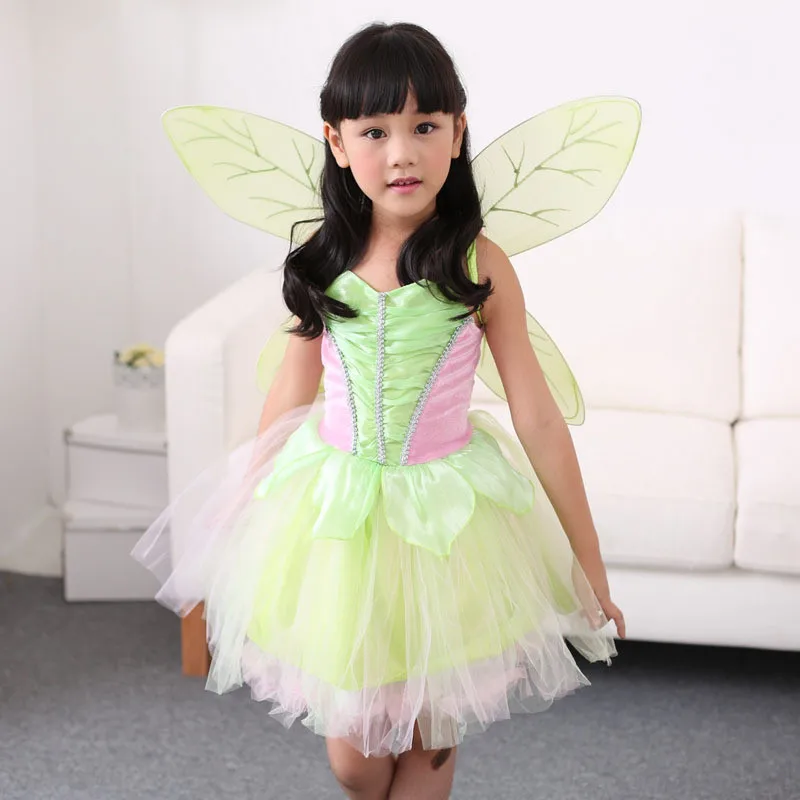 

Halloween Girls Green Tinkerbell Costume Children Fairy Tinker bell Cosplay Fancy Dress With Wings S M L