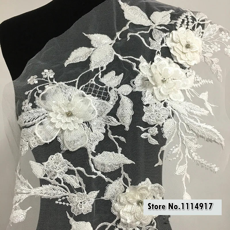 

Off-white 3D Beaded Sequin Embroidery Lace Flower Stickers Clothing Wedding Dress DIY Accessories Decorative for Sweater 1Piece