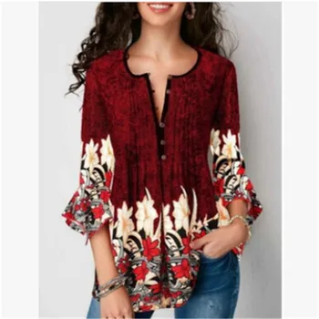 

Women Summer Three Quarter Sleeve Floral Print Shirt Tops Loose T Shirt Autumn Summer Casual Tee Tops Fashion Shirts T-Shirt New