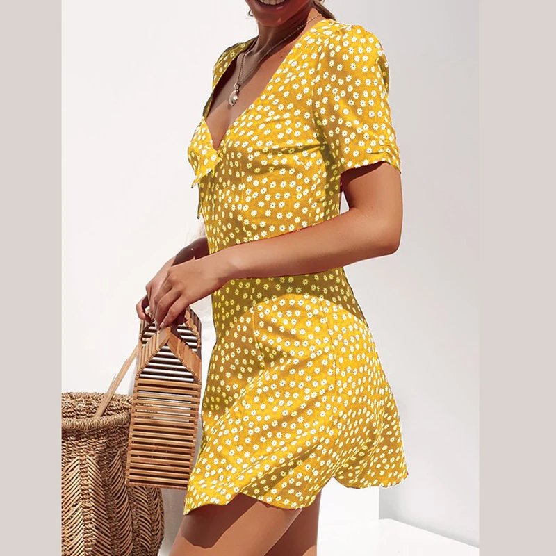 

Boho Sundress Floral Printed Kawaii Summer Beach Women Vacation Leisure A-line Mini Dress Girls V-Neck Plus Size Dresses GV198