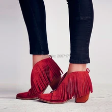Винтажная обувь с бахромой в римском стиле; Женская Повседневная замшевая одежда без застежки на блочном каблуке; ботильоны-гладиаторы с острым носком и вырезами и бахромой