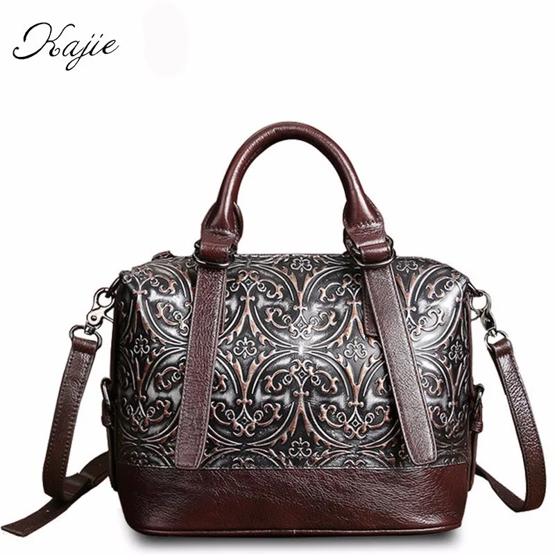 

Vintage Embossed Genuine Leather Ladies Handbag Luxury Women Bags Designer Famous Brand Top-handle Bag Cowskin Female Boston Bag
