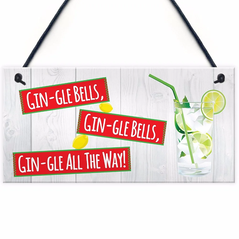 

Meijiafei Gin-gle Bells Funny Alcohol Christmas Gin Tonic Sign Hanging Plaque Drink Sign 10"x5"