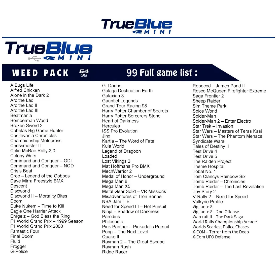  HOBBYINRC True Blue Mini 32GB Fight Pack 58 Games + 64GB Weed Pack 99 Games for PlayStation Classic