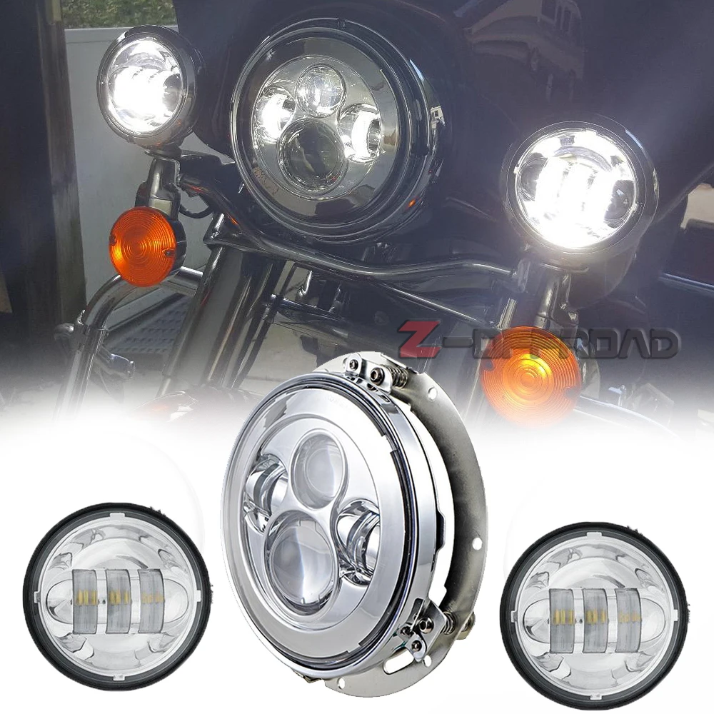 

7" LED projector light headlight with Headlamp mounting bracket ring+4.5Inch fog lights passing lamps For Glide Street