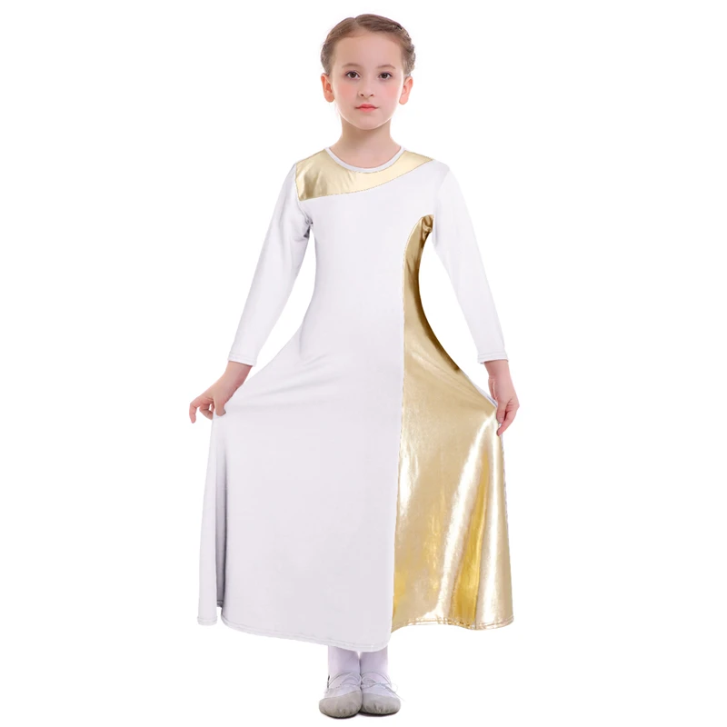 Элегантное разноцветное платье в стиле пэчворк для девочек; платье с длинными рукавами для литургических танцев; Детский костюм для церковного культа - Цвет: White