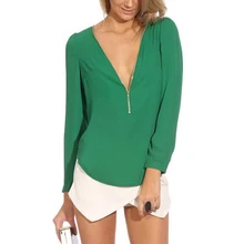 2017 NEW Summer Women Fashion Green Sexy Long Sleeve V-neck Zippered Blouses Chiffon Blouses Shirts Work Wear Tops