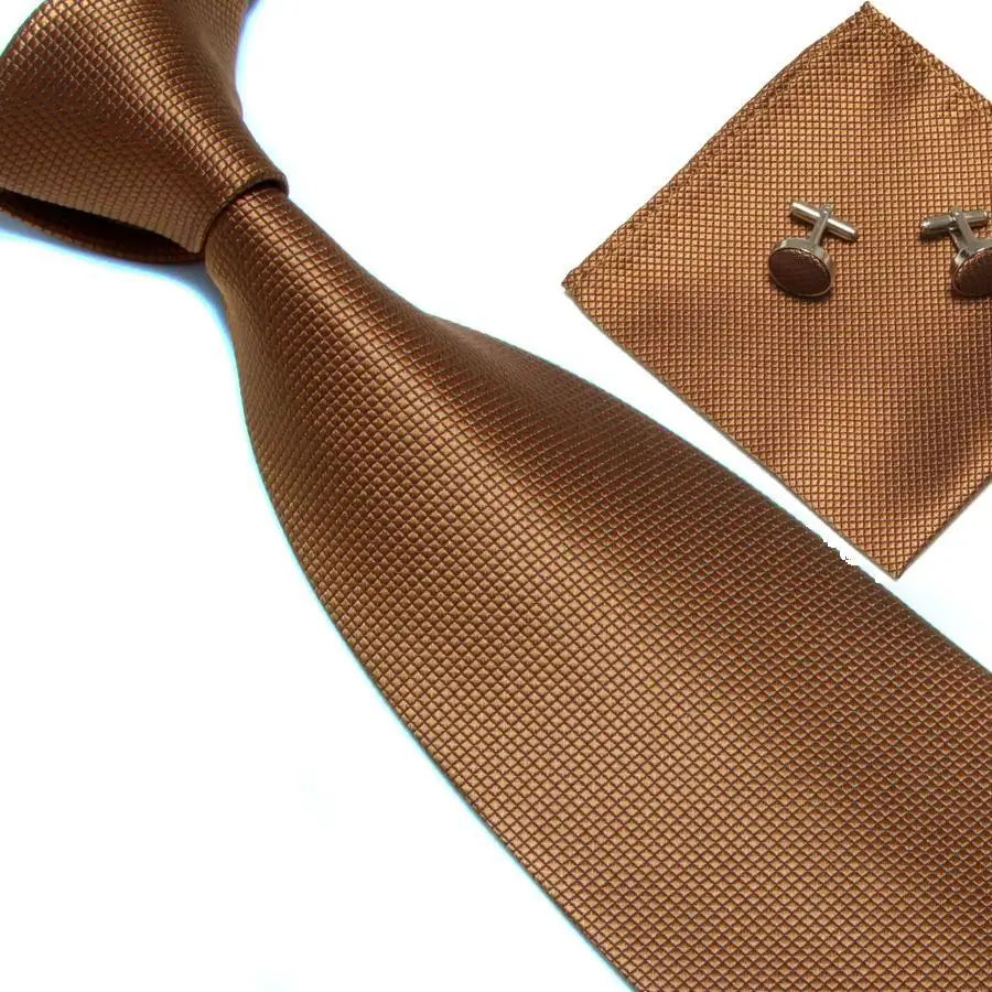 HOOYI дешевый полиэстер мужской набор галстуков галстук носовой платок запонки - Цвет: Коричневый