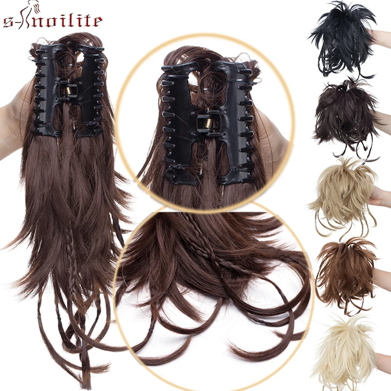 

S-noilite 12" Synthetic Hair Braid Drawstring Ponytail Clip in Hair Extensions Braiding Hairpiece Women Claw Ponytail Hair Bun