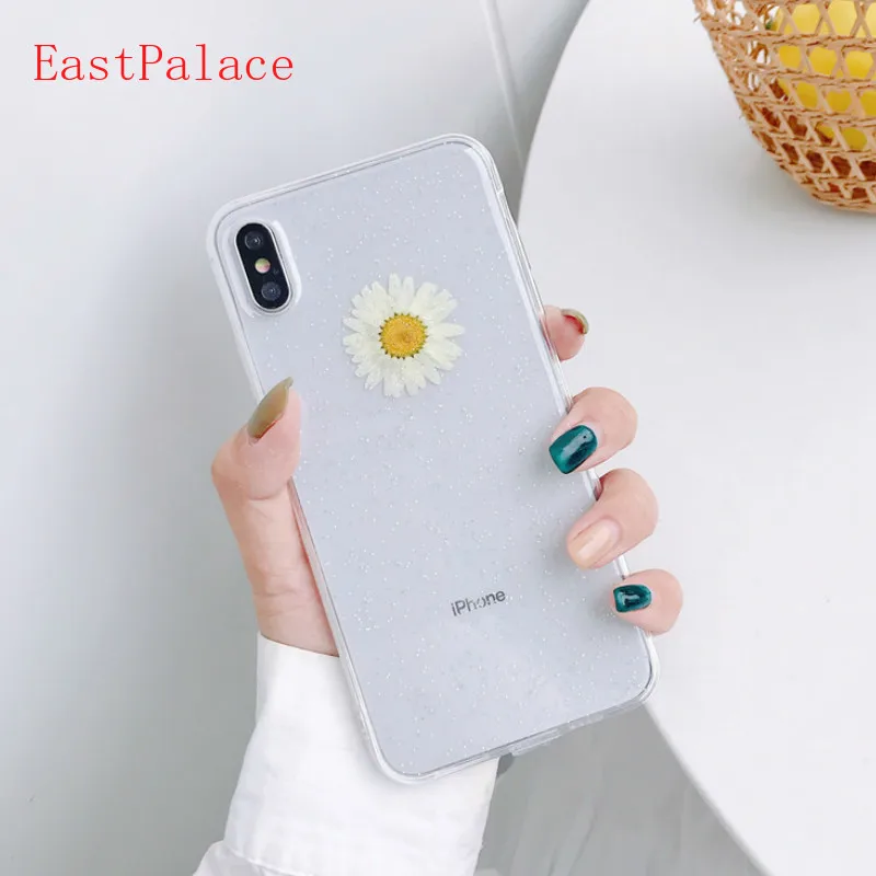 Real Flower Daisy Glitter Transparent Case for IPhone X XS