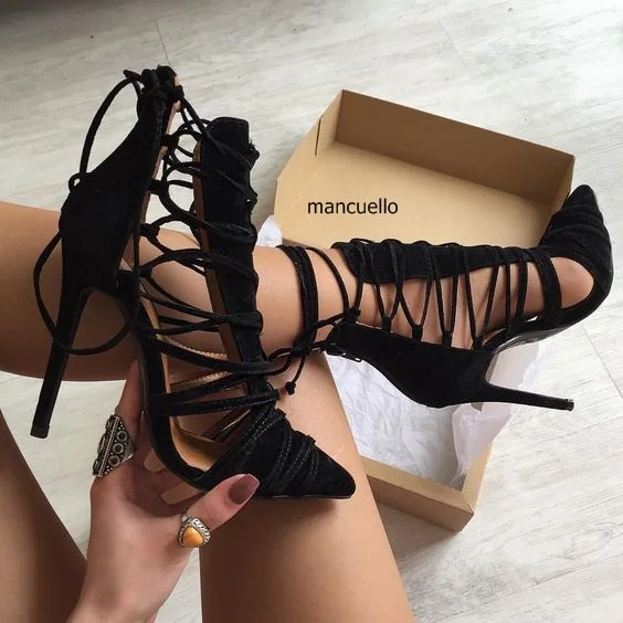 

Trendy Design Black Suede Pointed Toe Strappy Stiletto Heels Dress Sandals Women Cross Strap Sandal Booties Back Zip Pumps