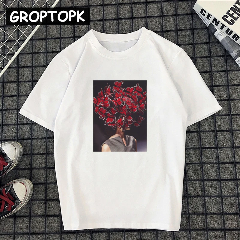 

Artistic Women Tshirt Summer Top 2019 New Butterfly Flower Girl Harajuku Aesthetic Cotton Tee Shirt Femme Vogue Gothic Clothes