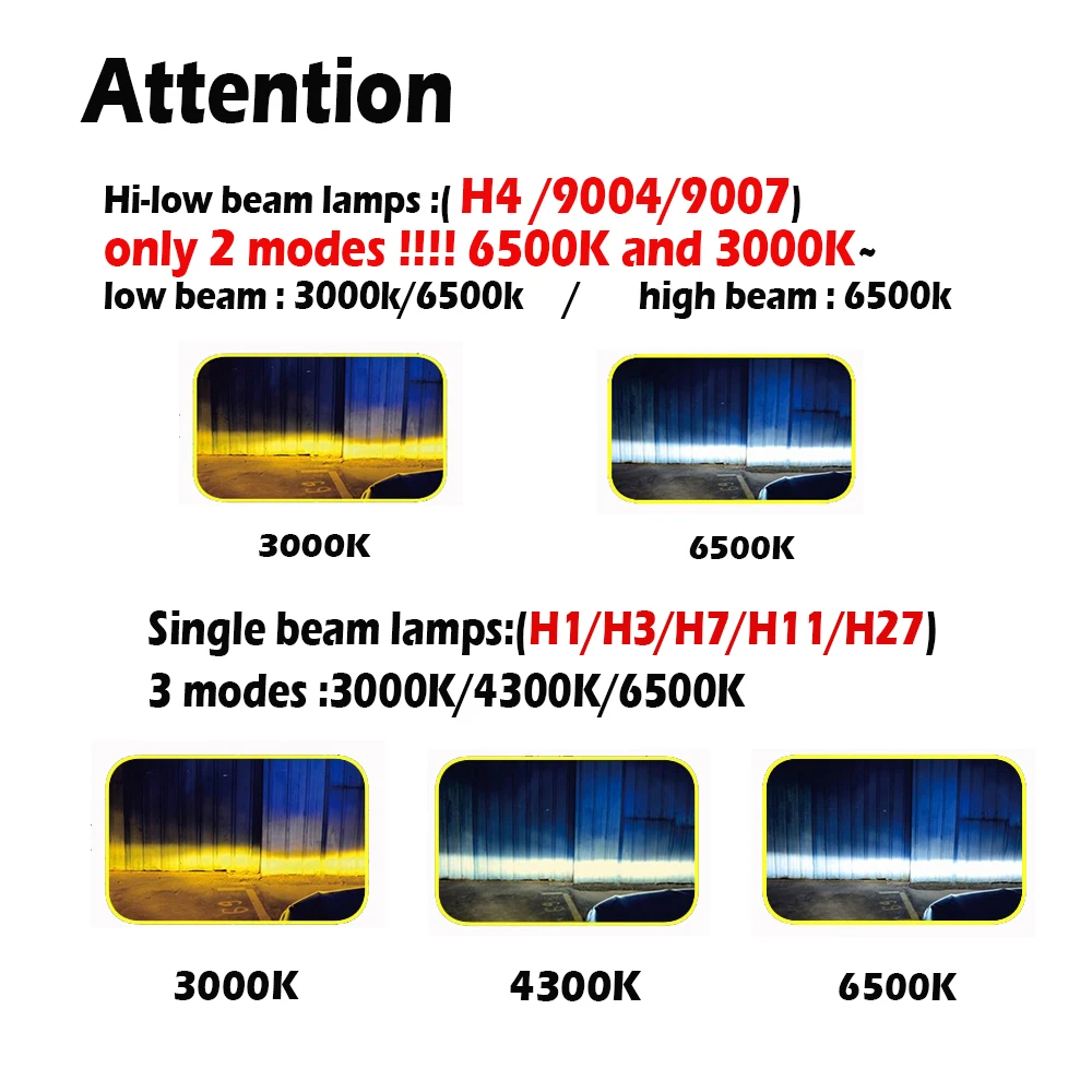 Infitary 2 предмета H4 светодиодный H1 H11 9005 H7 светодиодный фар автомобиля 3 цвета Изменение фары 3000 К 4300 К 6500 К флэш-72 Вт авто огни