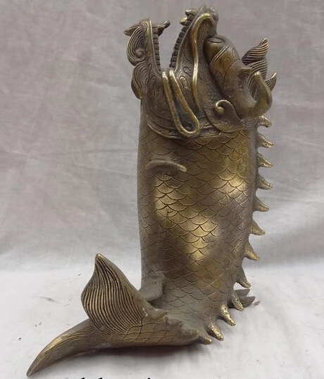 

JP S0114 9" Chinese Bronze FengShui Dragon Fish Head Statue Unicorn Incense Burner Censer