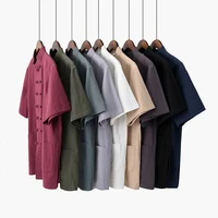 Summer Cotton Linen Kung Fu Shirt Blouse Mens Short Sleeve  Traditional Chinese Tang Suit Top Male Tai Chi Uniform 1