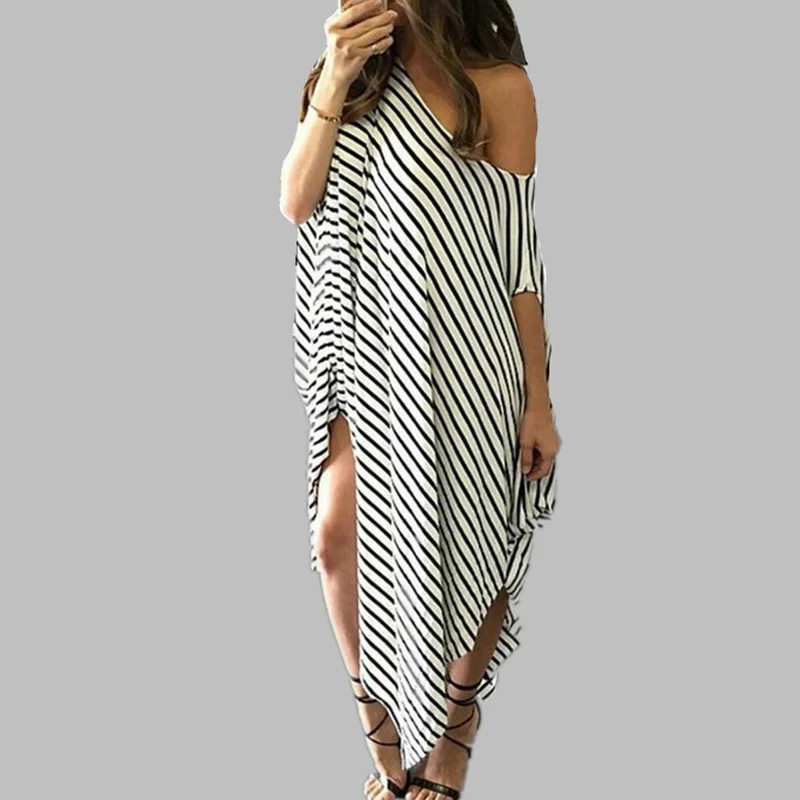 

New Summer Dresses Women One Shoulder Stripe Loose Ankle Length Dress Asymmetrical Split Female Dresses Vestidos XXL White Black