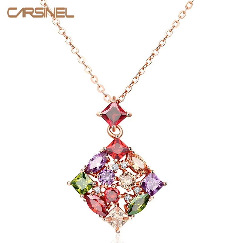 

CARSINEL Fashion Colorful Square Cubic Zircon Stone Necklaces & Pendants Rose Gold color Gift Women Bride Wedding Jewelry NE0104
