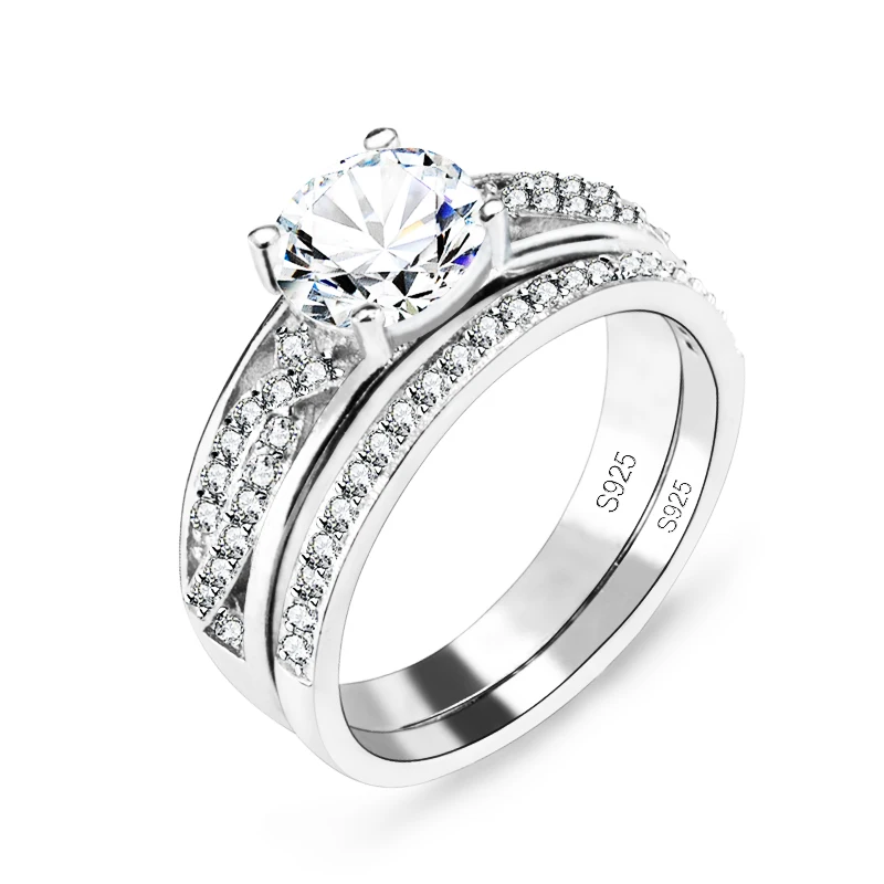 Твердые стерлингового серебра 925 AAA циркония женщин двойной палец кольцо свадьба Пара Кольца R4327S