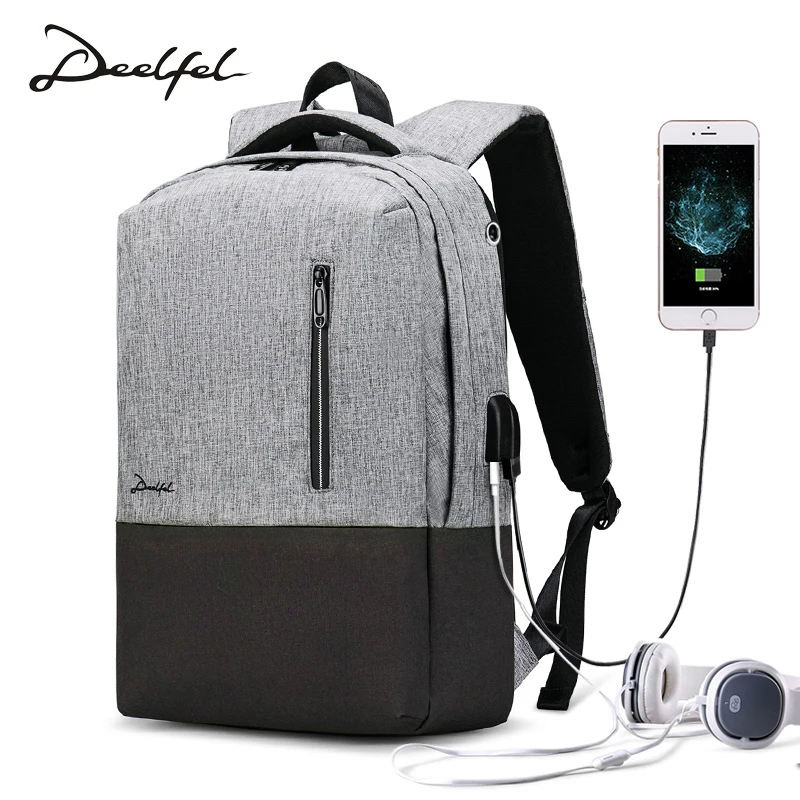 

DEELFEL Brand Men Laptop Backpacks USB Charging Backpack For Teenager Boyes Fashion Male Mochila Travel Men Backpack Anti-theft
