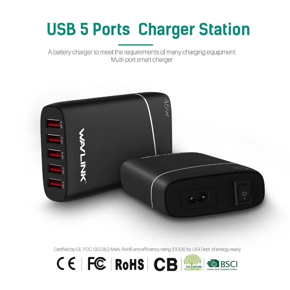 

Wavlink 5 Port Desktop Charger Adapter station USB Travel Charger Adapter 45W 2.4A for Mobile Phone Tablet Fast Charging US plug