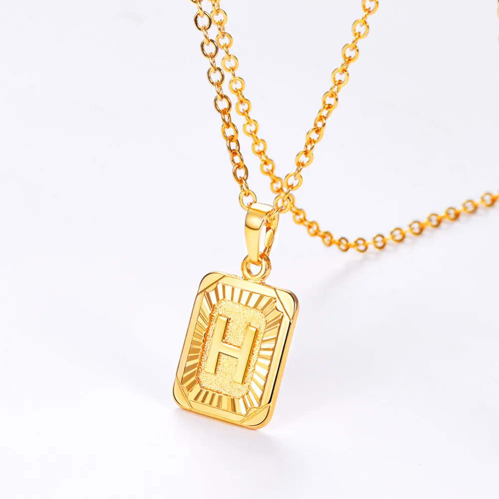 U7 Square Letters Necklaces Pendant Chain Necklace for Women Men English Initial Name Alphabet Jewelry Best Birthday Gifts P1196