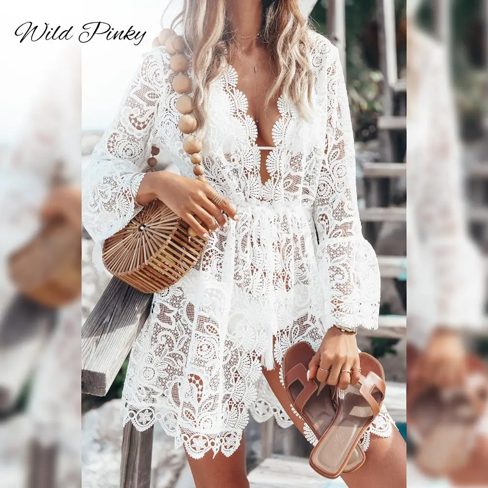 

WildPinky V neck Women embroidery Sexy White Dress Long Sleeve Hollow Out Mini-dress Ruffled Style Elegant Party Dress Vestidos