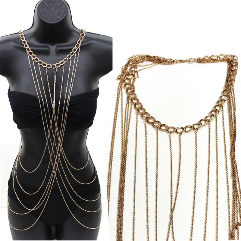 

Sexy Summer Beach Tassel Body Waist Chain Fringe Cross Tie Shoulder Bikini Harness Belt Chain Waistband Necklace for Women Gift