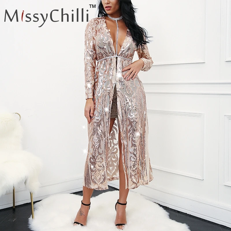 MissyChilli, длинное Сетчатое пальто с блестками, тренч для женщин, прозрачная Цветочная вышивка, верхняя одежда и пальто, модные летние вечерние, модная одежда