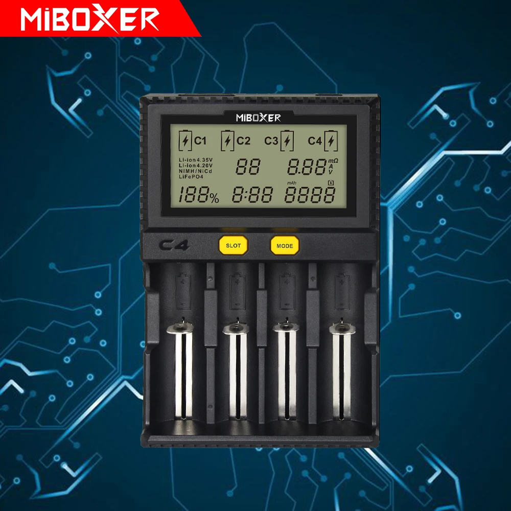 

Miboxer C4 Universal Smart Battery Charger Rechargeable Batteries 18650 AA 26650 18350 16340 RCR123 14500 10440 Li-ion Ni-MH