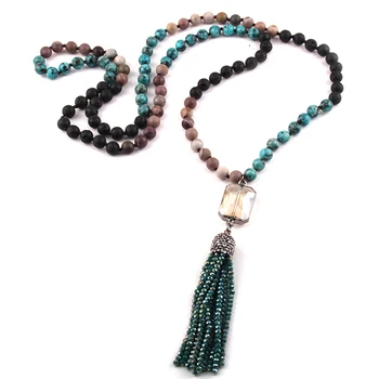 

Fashion Jewelry 108 Beads Multi Stone Knotted Crystal Link Glass Tassel Pendant Necklace Wome Yoga Necklace