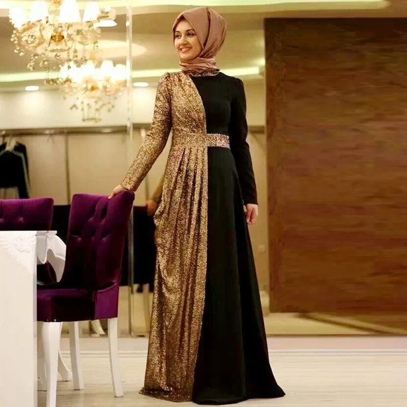 2017 Turkish font b Islamic b font Clothing Long Sleeve Muslim Evening Dress Sequins font b