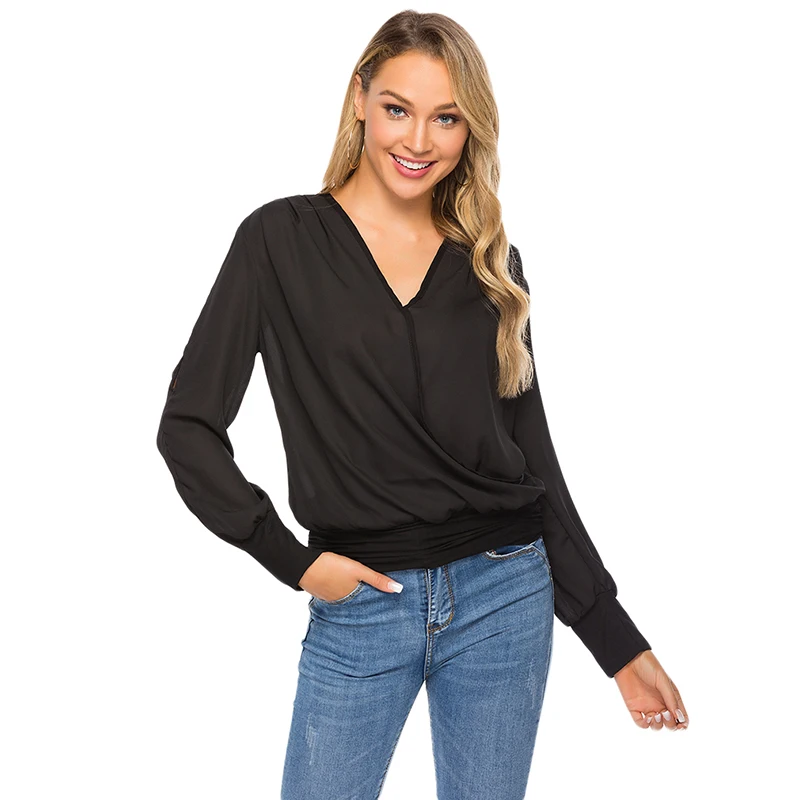 Good Quality Spring Women V-neck Shoulder Pleated long-sleeved Top Sexy Ladies Casual Loose Shirts Women Clothing New Arrivals