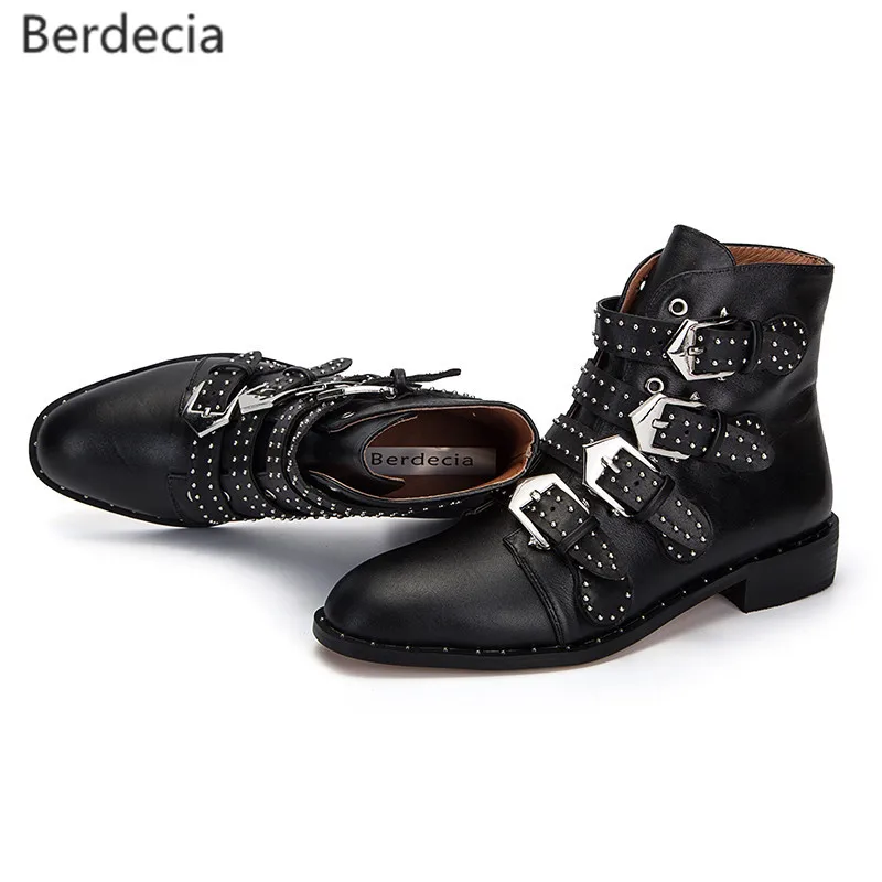 Multi Buckle Strap Genuine Leather Martin Boots Fashion Rhinestone