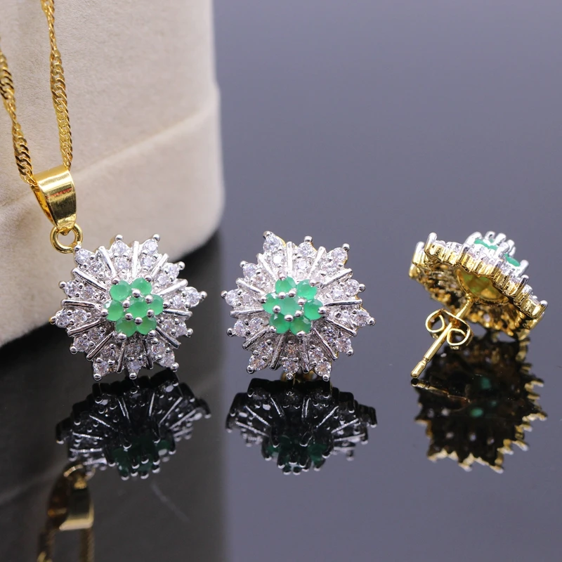 

GZJY Fashion Jewelry Double Gold Color Green Zircon Pendant Necklace Stud Earrings Set For Women Wedding Party Birthday Gift