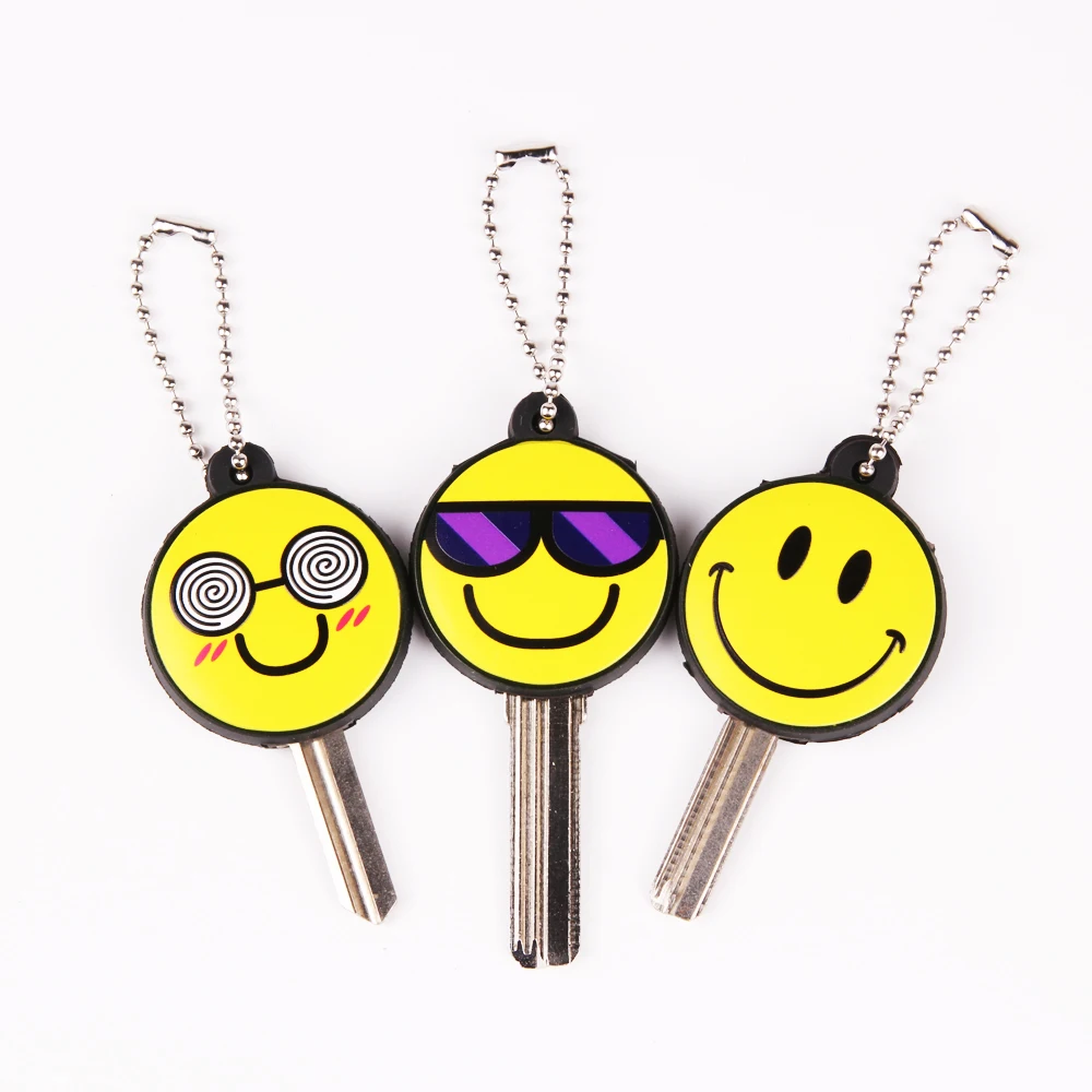 

New Cute Emoticons Smile Key Cover Cap Silicone Amusing Head Yellow Face Stool Keychain Women Key Chain Ring Holder Porte Clef