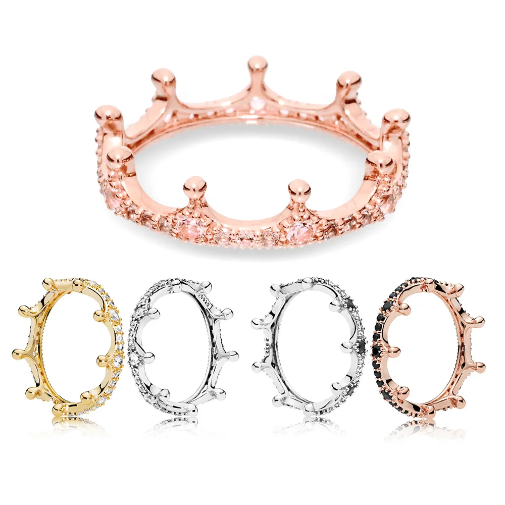 

30% 925 Silver Ring Charms Rose Gold Princess Crown Silver Stackable Ring Crystal For Women Wedding Party Gift Fine Jewelry