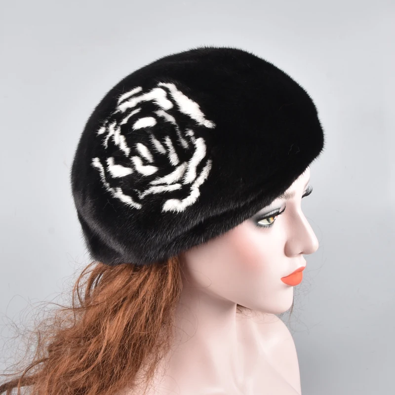 Из натуральной норки меховая шапка для женщин Зима импортированы цельно-меховая норковая шапка с цветочным рисунком русский высокого класса люкс Женские шляпы
