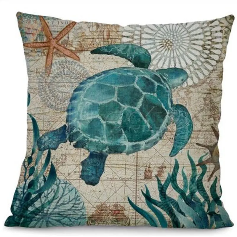 Sea Turtle Printed Cotton Linen Cushion Cover Marine Ocean Sea Horse Home Decor Pillowcase Octopus Sofa Cushion Case