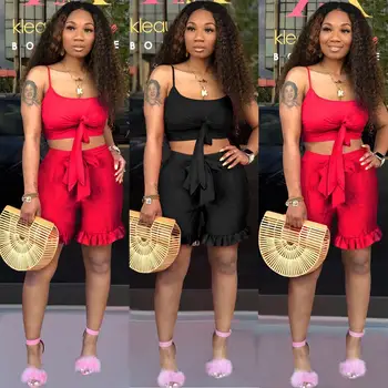 

Sexy Solid Color Strapless Strap Sleeveless Off Shoulder Bandage Crop Tops Stringy Selvedge Shorts Women Club Two Piece Outfits