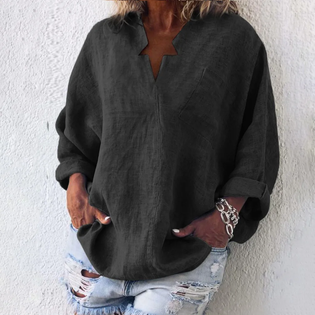 

Large Size Women's Blouse Fashion Cotton Linen Solid Color Pocket Blouse Casual V-Neck Long Bat Sleeve Blouse Tops#20