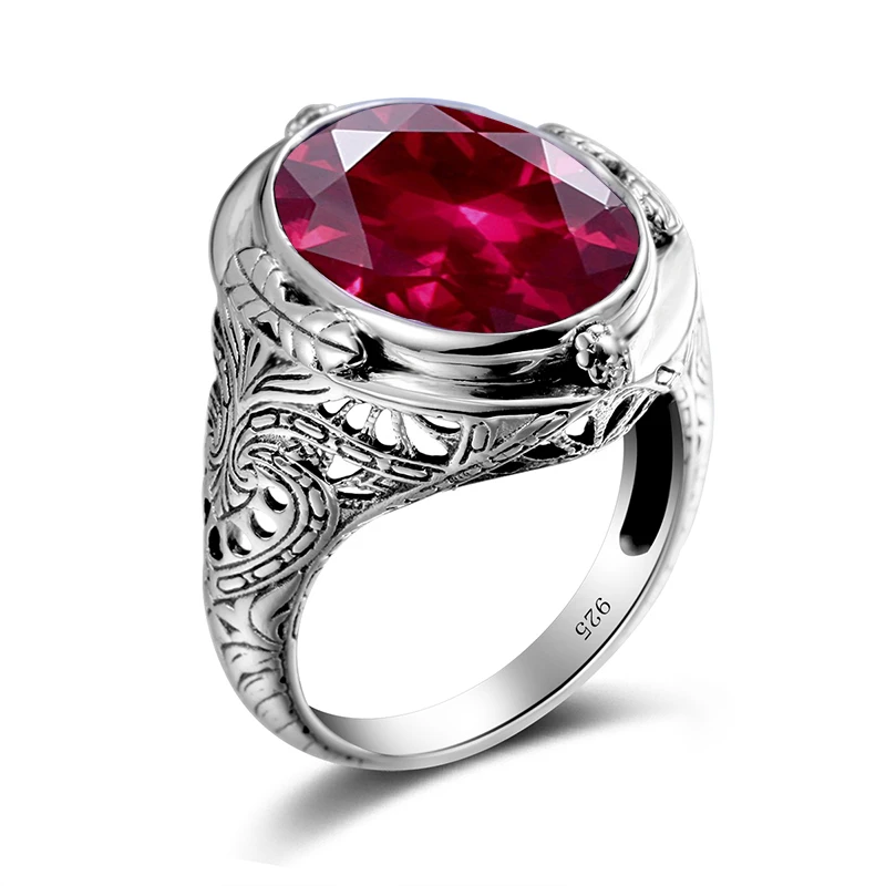 

925 Sterling Silver Ring Vintage Carved Flower Created Ruby CZ Aquamarine Precious Stone Men Cocktail Finger Ring Fine Jewelry