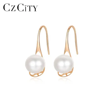 

CZCITY Fashion 6-7mm Round Ball Natural Freshwater Pearl Drop Earrings For Women Hollow Design 18K Yellow Gold Wedding Jewelry