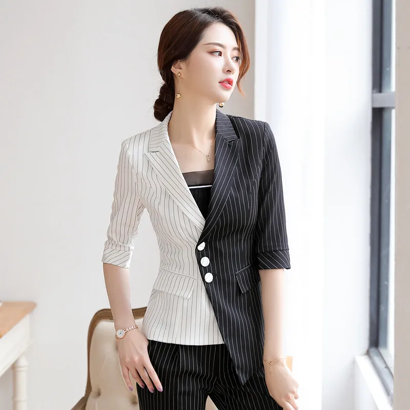 England Style White Black Striped Blazer Women Elegant Office Suit Ladies Work Suits Women Blazer Half Sleeve Stitching jacket